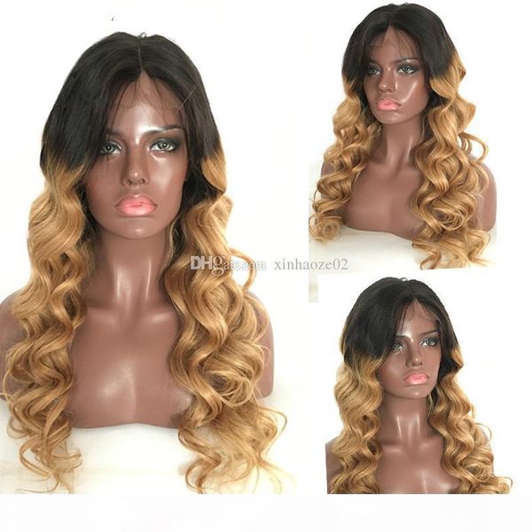 

malaysian ombre body wave lace front human wig two tone 1b 27# ombre brown lace wig with natural hairline, Black;brown