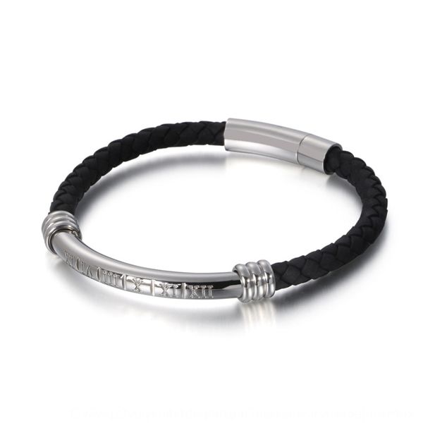 

simple leather rope weaving bracelet fashion man's hand jewelry stainless steel engraved roman numeral lovers' bracelet titanium s, Golden;silver