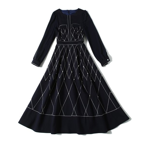 

2021 merchall office lady spring autumn new fashion runway designer beading stripe long sleeve elegant midi frxd famy, Black;gray