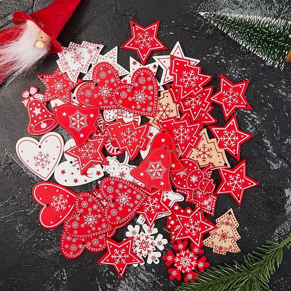 

100pcs christmas wooden pendants ornaments diy wood crafts xmas tree ornaments snowflake christmas party decorations for home