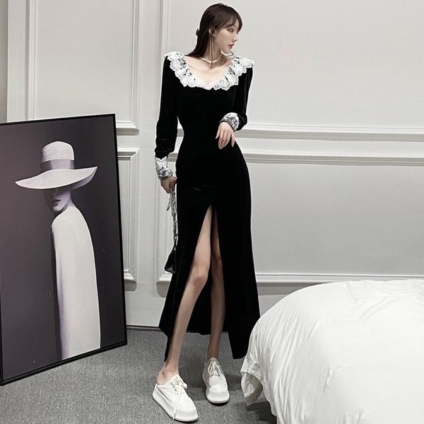 

autumn 2020 new lace v-neck slit velvet slim long sleeve skirt women's dress