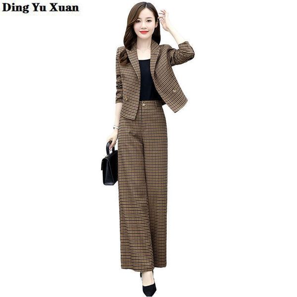 

women's two piece pants women pink brown houndstooth pant suit formal elegant office 2 set woman double breasted jacket blazer & wide l, White