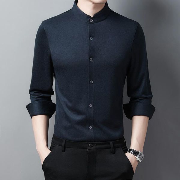 

men's dress shirts silk 7.6% wool 5.6% for men long sleeve formal winter warm mulit color man luxury korean clothes brand menswear, White;black