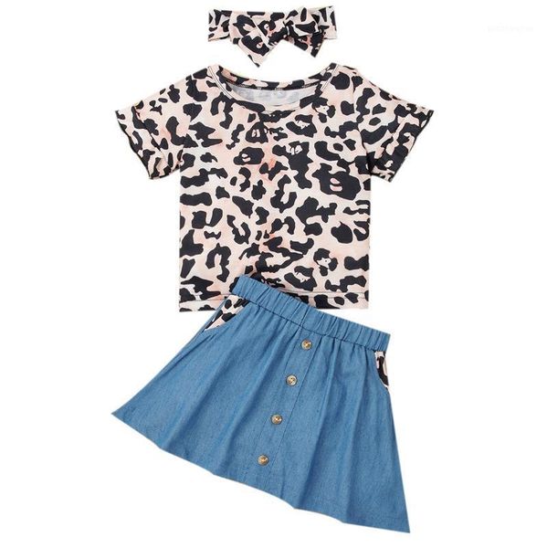 

clothing sets 0-24m rbon baby girls summer clothes set round neck short sleeve leopard t-shirt + denim button skirt1, White
