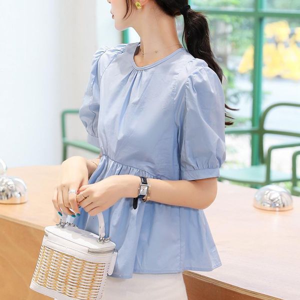 

корейский сладкий пушистый сборки блуза женщины vintage puff рукавом симпатичные женские топы и блузки назад кнопки up сыпучие summer топ ру, White