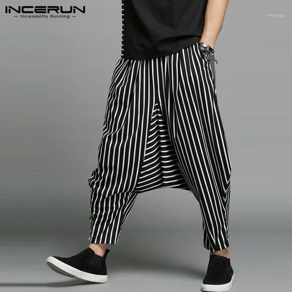 

incerun 2019 men stripe harem pants loose elastic waist joggers trousers men big crotch hip-hop streetwear pantalon hombre s-5xl1, Black