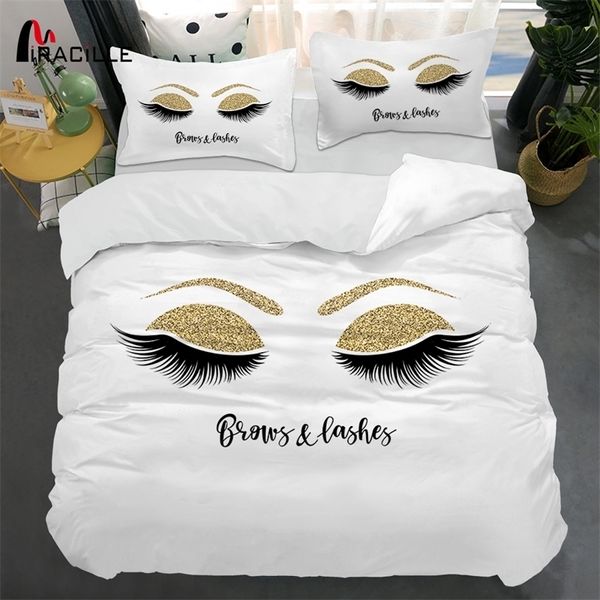 Miracille biancheria da letto ciglia oro e nero carino occhi modello set di biancheria da letto copripiumino set 3 pezzi copripiumini divertenti per la casa T200706
