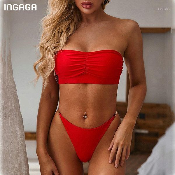 

ingaga high waist bikini 2020 bandeau swimwear women solid high cut biquini new ruched swimsuit feamle new strap bathers1, White;black