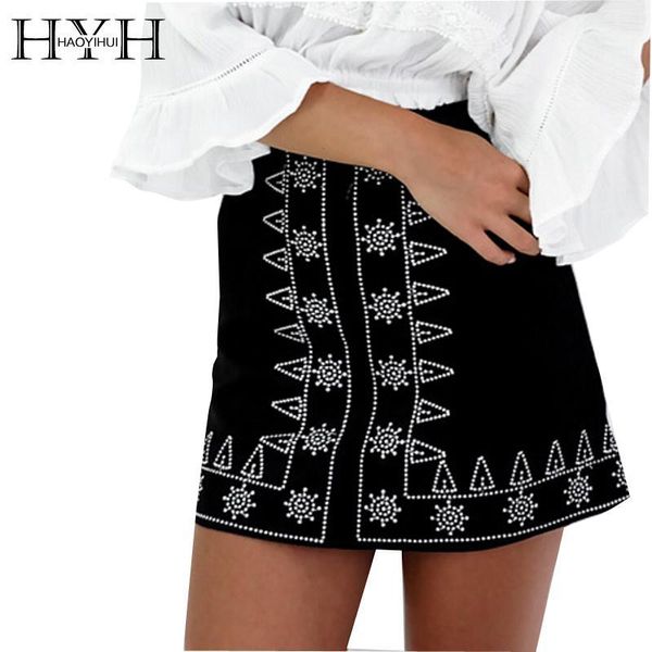 

hyh haoyihui black geometric print women skirt black faux suede embroidery high waist skirt vintage chic pencil skirts1