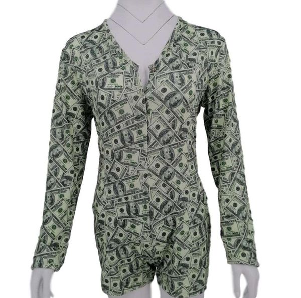 

women dollar print jumpsuit long sleeve v neck sleepwear money print rompers new female clothing, Black;white