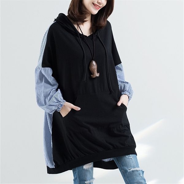 

johnature spring plus stripe splicing hooded collar hoodies casual korean women clothes new pullover long sweatershirts 201211, Black