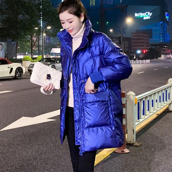 

plus size bright face down jacket women's long down cotton jackets winter warm cotton jackets loose bread chaqueta mujer, Black