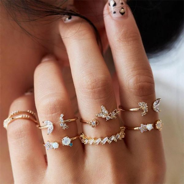 

fashion bohemian opening joint engagement ring rhinestone butterfly flower 7 pieces retro crystal wedding rings set for women, Golden;silver