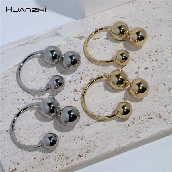 

huanzhi 2021 punk golden silver color metal geometric round bead c-shaped stud earrings for women girlsparty travel jewelry