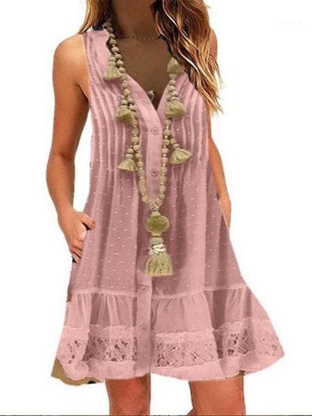 

boho beach sundress women mini dress summer v-neck sleeveless single-breasted pleated party vestidos loose plus size 5xl1, Black;gray