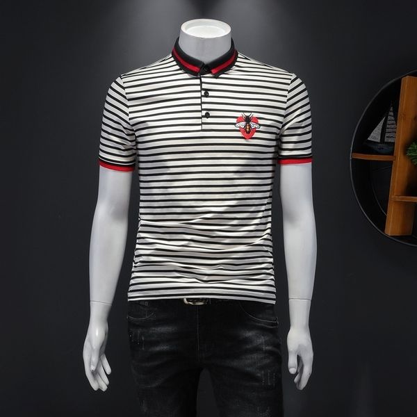 

hab7n 2020 summer style short-sleeved korean new t-sh casual 2020 summer new short-sleeved lapel t-shirt korean style lapel striped casual s, Blue