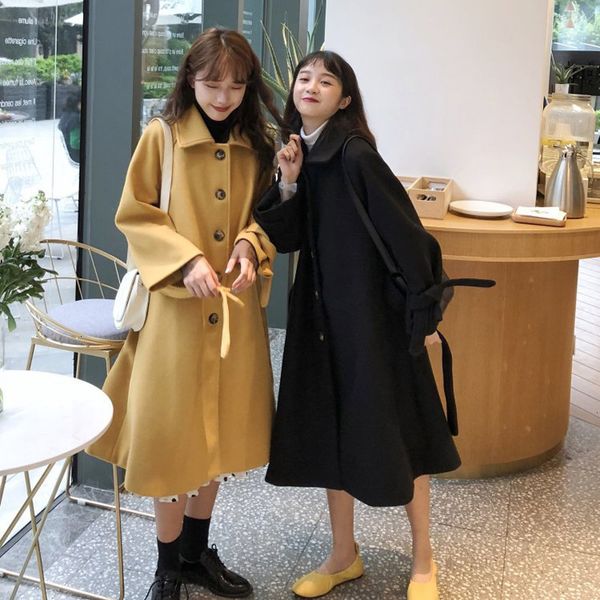 

women woolen outerwear blended wool coat autumn winter single-breasted long windbreaker basic section ladies elegant overcoat, Black