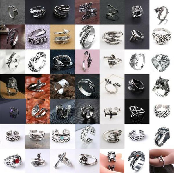 

49pcs/lot men women band rings retro stainless steel animal claw dragon feather adjustable ring hip hop alloy punk jewelry gifts, Silver