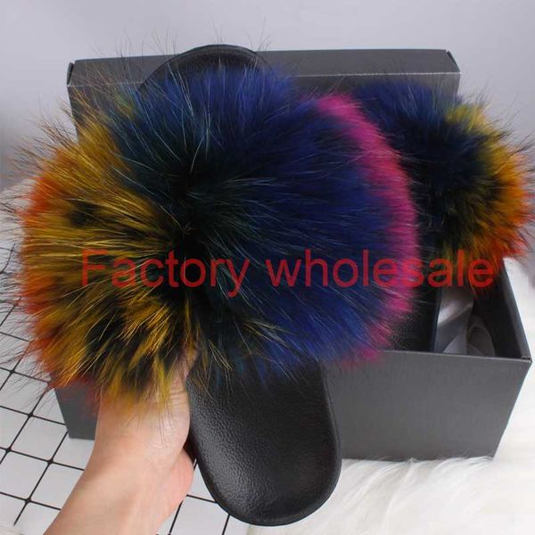 

2020 real fur slippers womens summer slides flip flops popular fluffy fur sandals beach shoes, Black