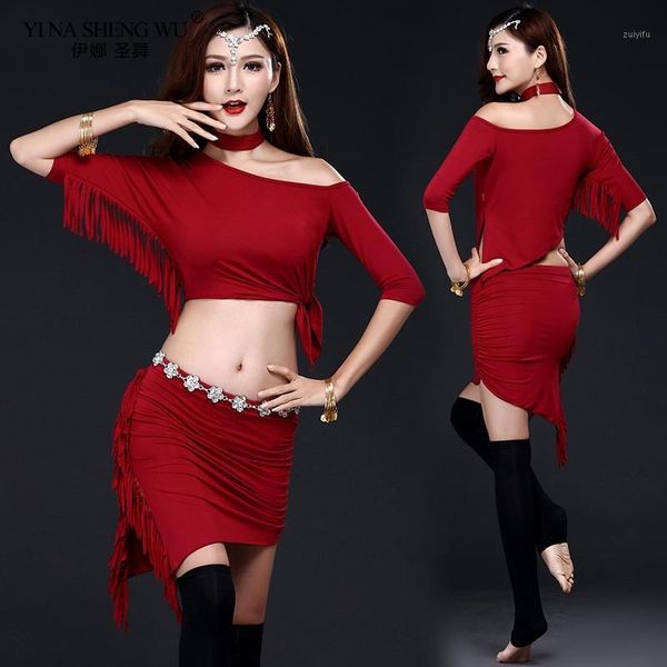 

belly dance costume new women practice suit skirt 2pcs short sleeve belly dancing dress performance clothes set new1, Black;red