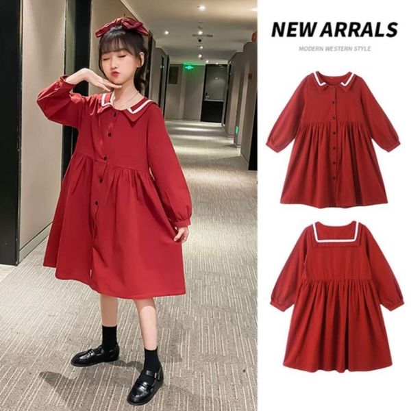 

korean sve and autumn 2021 girls' long spring drs solid color ruffle medium large children's skirtqosp c2324lrp, Red;yellow
