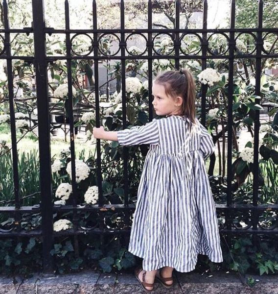 

spring summer 2020 baby girls cotton and linen stripe princess dress children loose round collar dress kids clothing, Red;yellow