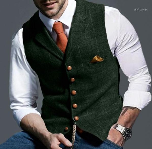 

mens suit vest notched plaid wool herringbone tweed waistcoat casual formal business groomman for wedding1, Black;white