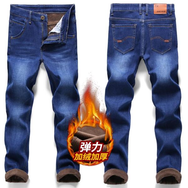 

2020 winter fashion new men's casual stretch add warm thicken jeans / male solid cotton denim pants cowboy trousers / size 28-40, Blue