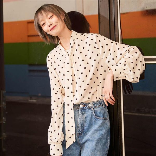 

women's blouses & shirts elfsack polka dot single breasted casual chiffon shirt women,2021 autumn elf vintage bows tieneck ,korean lade, White