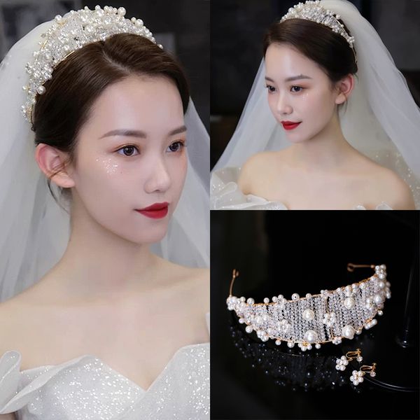 

new pearl бэнд свадебный головной убор серьги набор церемония супер фея коронные украшения для волос свадебные платья аксессуары, Silver
