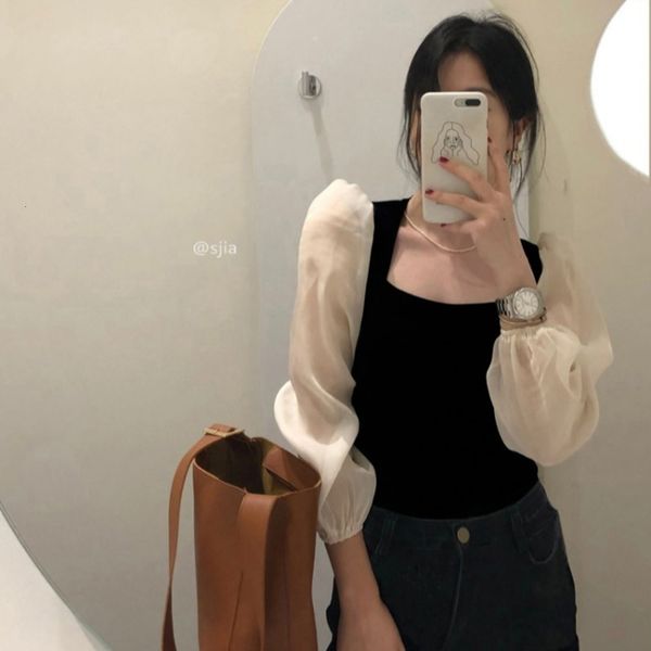 

2021 spring chic french elegant square neck veet splicing lantern sleeve 35291, White