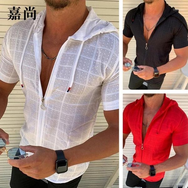 

casual hooded shirt men zipper cardigan slim fit men's casual shirt short sleeve formal dress shirts men pure color clothing1, White;black