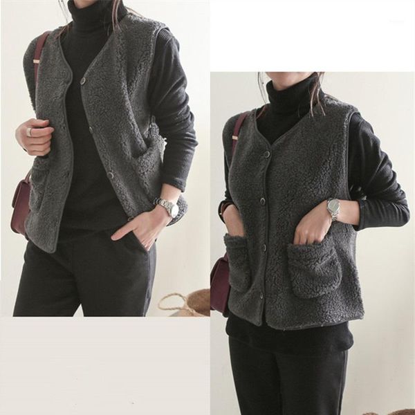 

autumn winter vest jackets lamb wool thicken warm waistcoat women v-neck single-breasted pockets outwear sleeveless coat1, Black;white