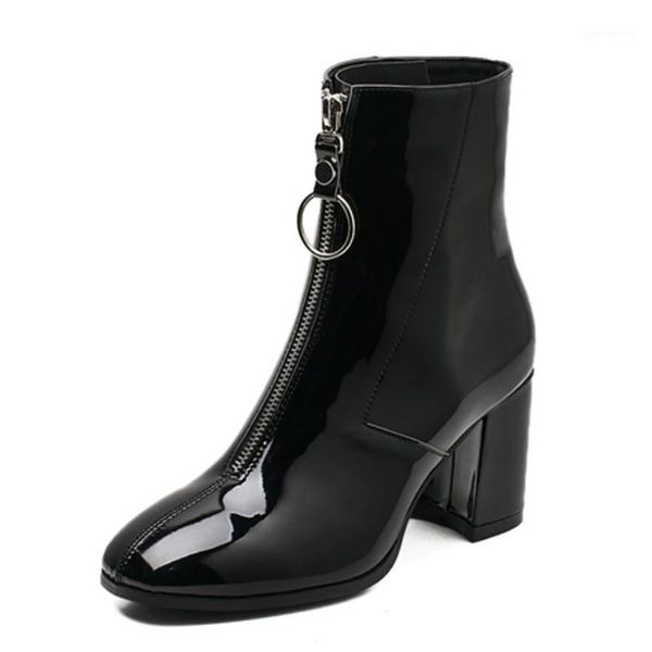 

dropshipping front zipper punk motorcycle women boots vintage square toe high heel women boots warm winter shoes1, Black