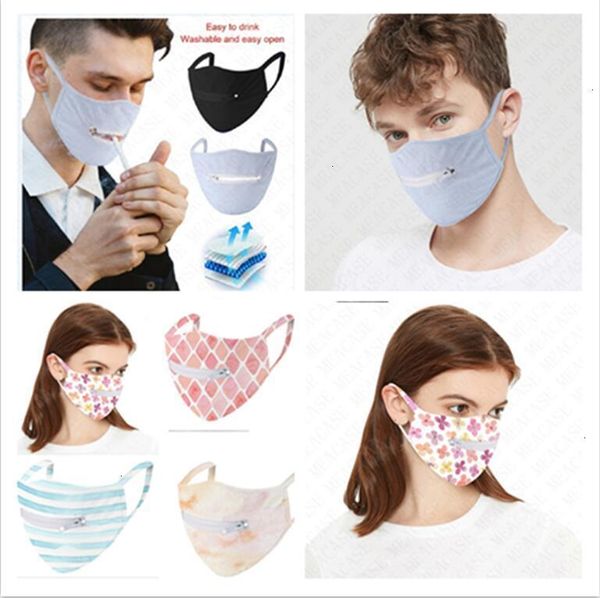 

washable bottle beer dhl face zipper reusable quick dry masks zip open flower striped grid cycling mouth mask eat drink dtw8