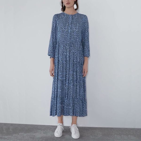 

casual summer women dress printed round neck pleated dress loose long maxi holiday long sleeve maxi vestidos y200805, Black;pink