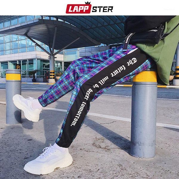 

lappster men streetwear plaid pants joggers 2019 mens patchwork blue sweatpants ankel-length cotton hip hop track pants trousers1, Black