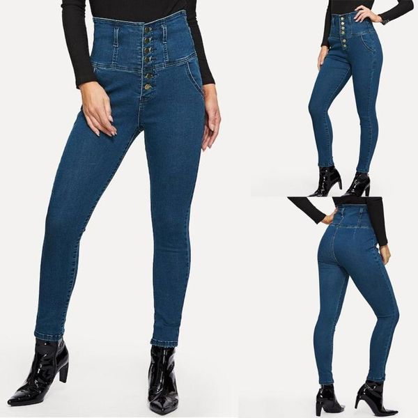 

elegant generous women flare high waist jeans button drawstring waist bell bottom denim stretch pants jeans femme 2020 nouveau1, Blue