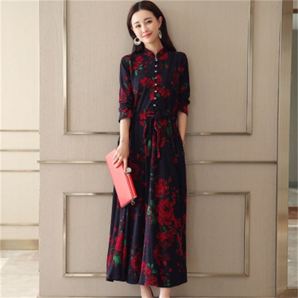 

2021 new vintage new spring floral printing dress up girly elegant thin sleeve long size wxf915 5khu, Black;gray
