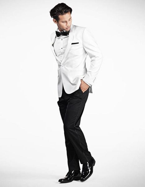 

2020 genaration style shawl lapel modern fit white tuxedos one button three pockets wedding wears(jacket+pants+bow tie, White;black