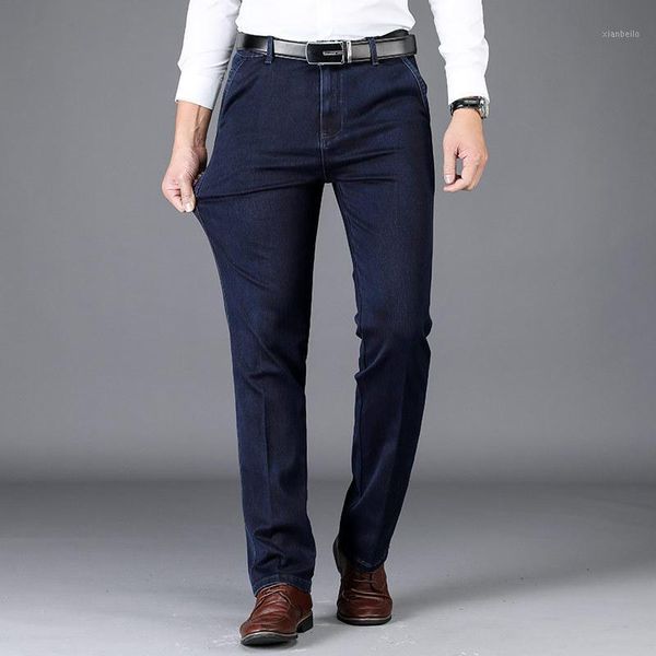 

autumn middle-aged jeans men's business stretch straight loose trousers non-iron high waist comfortable dad wear men's trousers1, Blue