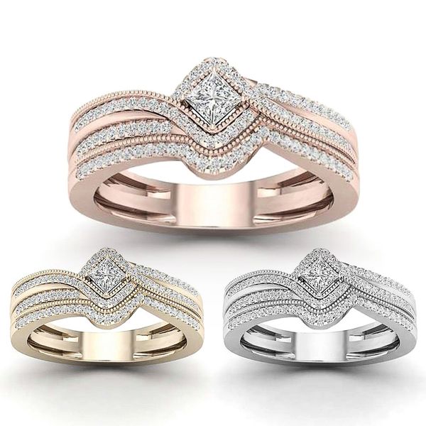 

februaryfrost brand luxury cubic zirconia wedding ring for women princess cut cubic zirconia full bling iced out fashion bridal band jewelry, Slivery;golden