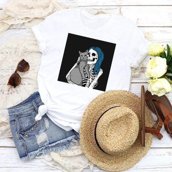 

women graphic skull funny horror clothing cute cartoon printed 90s print female t shirt shirt tees clothing womens t-shirt, White