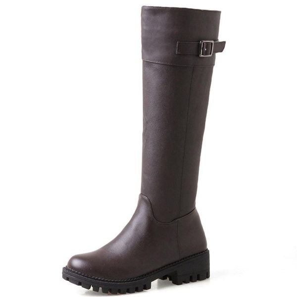 

round toe zipper women's leather boots rock shoes woman thigh high heels high luxury designer booties ladies med, Black