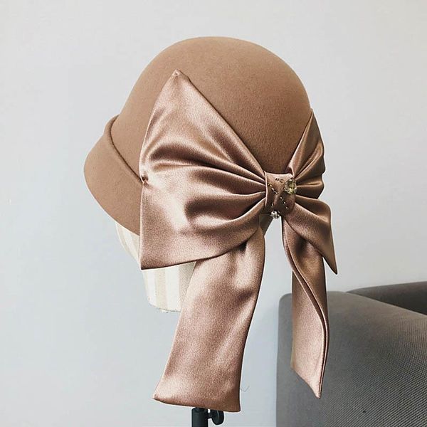 

wide brim hats fibonacci 2021 quality wool felt fedoras women's autumn winter bucket retro ribbon bow dome elegant banquet fedora hat, Blue;gray