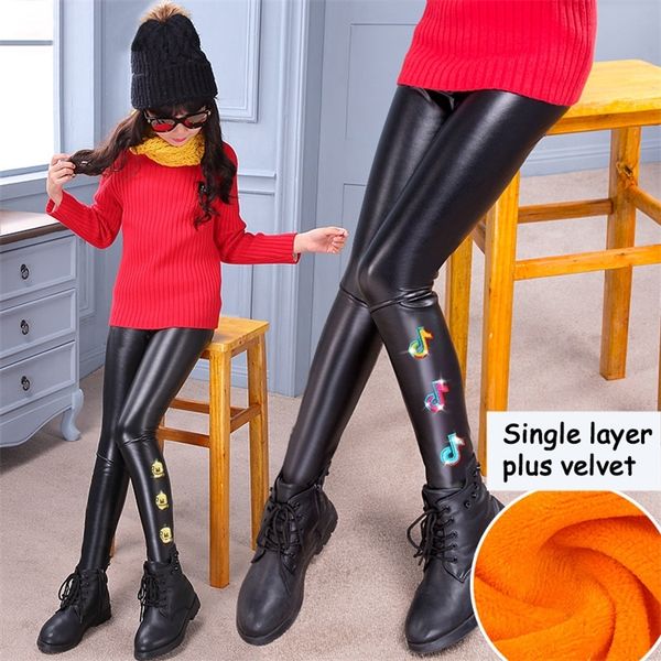 

children's leggings for girls thicken fleece leather leggins lequins long pants winter warm tik tok cashmere embroidery pants lj201019, Blue