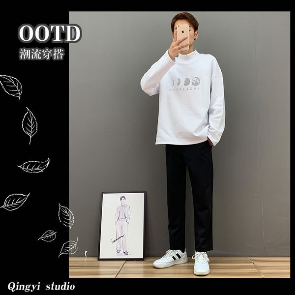 

half high collar sweater men's korean fashion youth long sleeve ins students' autumn loose bottoming shirt