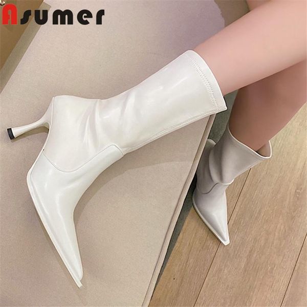 

boots asumer 2021 est autumn winter ankle women genuine leather +pu stretch thin high heel party shoes ladies, Black