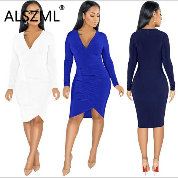 

simple pure color deep v neck long sleeve skinny midi dress tight club party lady fashion dress, Black;gray