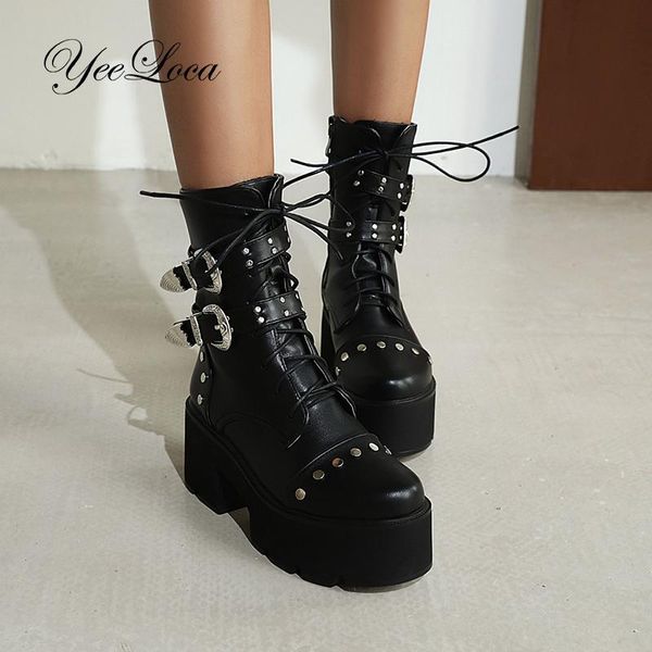 

glitter platform boots women ankle shoes leather motorcycle boot thick sole gothic high heels laceup zip combat punk boot rivet, Black